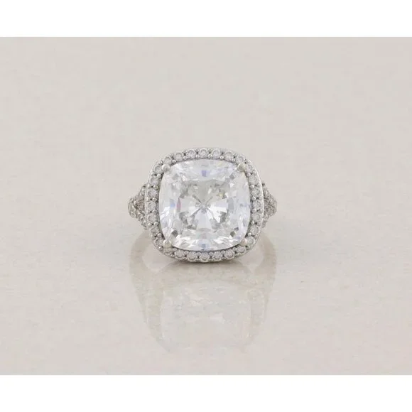 Sterling Silver Cushion Cut Cubic Zirconia Halo Ring Size 6 1/4 Sparkly - Picture 1 of 8